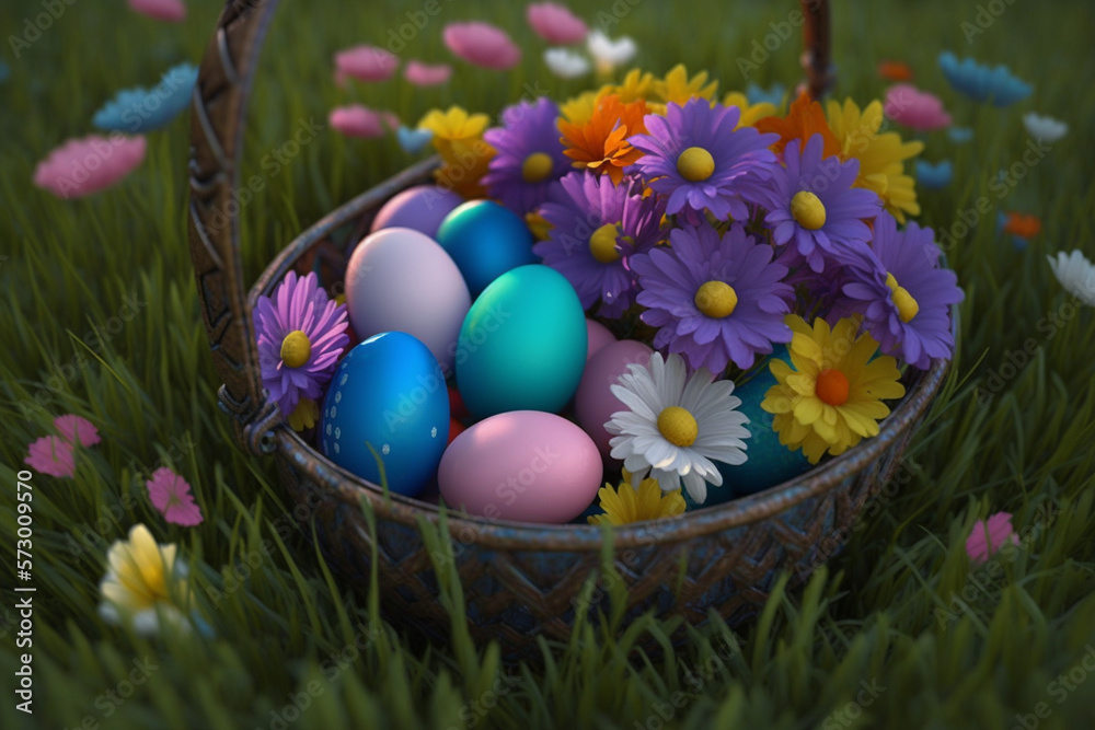 A basket full of vibrantly dyed Easter eggs, nestled amongst pastel-hued flowers and green grass, Easter decoration, generative ai