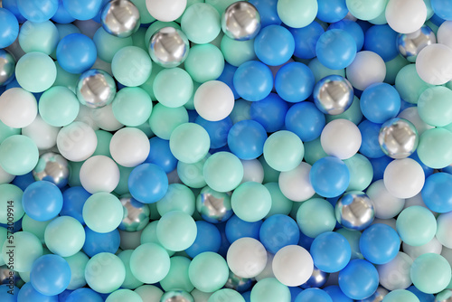 Colorful and glossy balls  sweet candy or bubble gum. Bright background with a lot of blue and silver balls. Realistic 3d render illustration