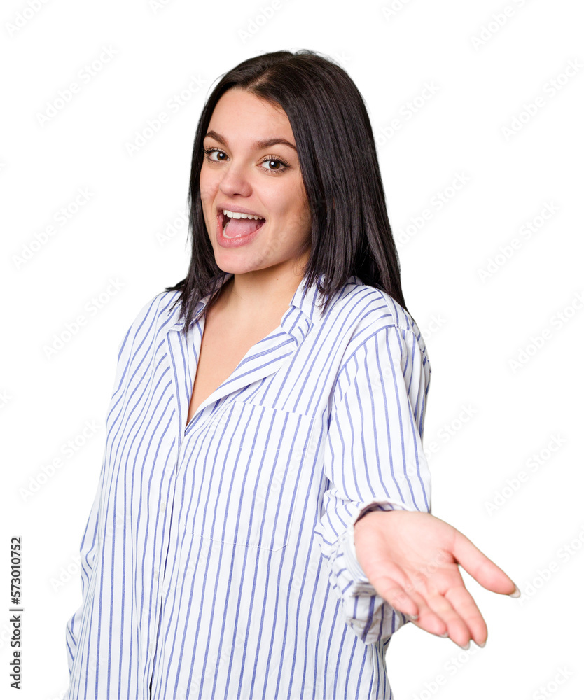 Young caucasian woman isolated stretching hand at camera in greeting gesture. Young caucasian woman isolated stretching hand at camera in greeting gesture.
