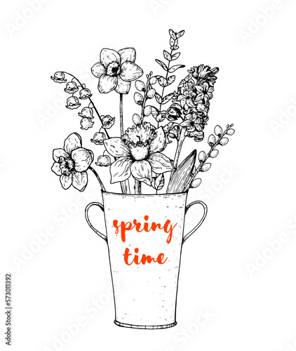 Flowers in vase hand drawn vector illustration. Floral composition. Bouquet with flowers and plants.
