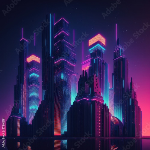 Neon light city skyline with skyscrapers and tall buildings. Concept of science fiction. Generative AI.