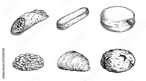 Hand drawn sketch style Italian pastry set. Cannoli, savoyardi, bombolone, pignoli, sfogliatelle, amaretti. Traditional italian sweets. Best for menu and package designs. Vector illustrations.