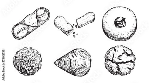 Hand drawn sketch style Italian pastry set. Cannoli, savoyardi, bombolone, pignoli, sfogliatelle, amaretti. Traditional italian sweets. Top view. Best for menu and package designs. 