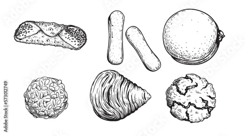 Hand drawn sketch style Italian pastry set. Cannoli, savoyardi, bombolone, pignoli, sfogliatelle, amaretti. Traditional italian sweets. Top view. Best for menu and package designs. 