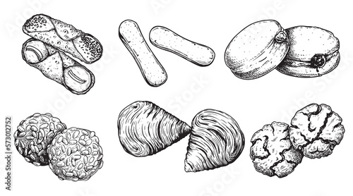 Hand drawn sketch style Italian pastry set. Cannoli, savoyardi, bombolone, pignoli, sfogliatelle, amaretti. Traditional italian sweets. Top view. Best for menu and package designs.