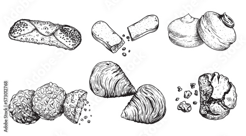 Hand drawn sketch style Italian pastry set. Cannoli, savoyardi, bombolone, pignoli, sfogliatelle, amaretti. Traditional italian sweets. Top view. Best for menu and package designs. photo