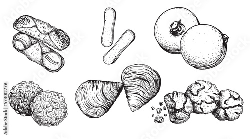 Hand drawn sketch style Italian pastry set. Cannoli, savoyardi, bombolone, pignoli, sfogliatelle, amaretti. Traditional italian sweets. Top view. Best for menu and package designs. 