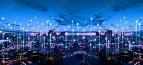 Telecommunication and communication network concept. Big data connection technology. Smart city and digital transformation.