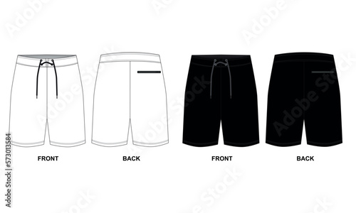 Set of vector drawings of sports men's shorts in black, white colors. Outline template of sports shorts front and back view, vector. Shorts for football, basketball, tennis, boxing, fitness, swimming,