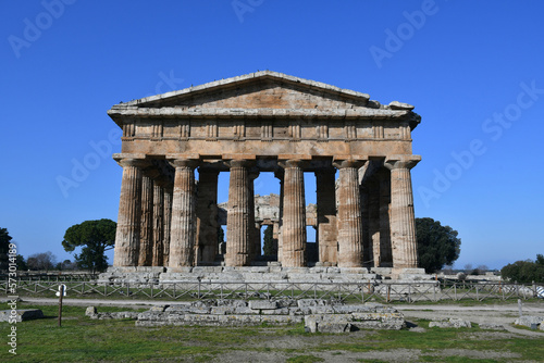 Architecture of an ancient Greek temple in the archaeological park of Paestum in Campania, Italy.