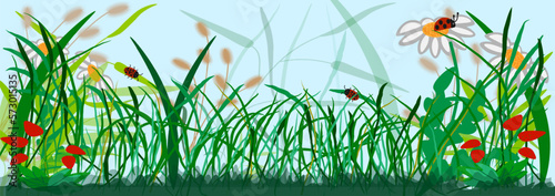  Design element. On a blue background, grass, strawberries, daisies and ladybugs.