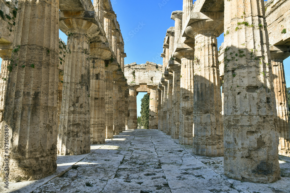 Fototapeta premium Architecture of an ancient Greek temple in the archaeological park of Paestum in Campania, Italy.