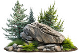 Cutout rock surrounded by fir trees, plants and leaves. Isolated rock on white background.