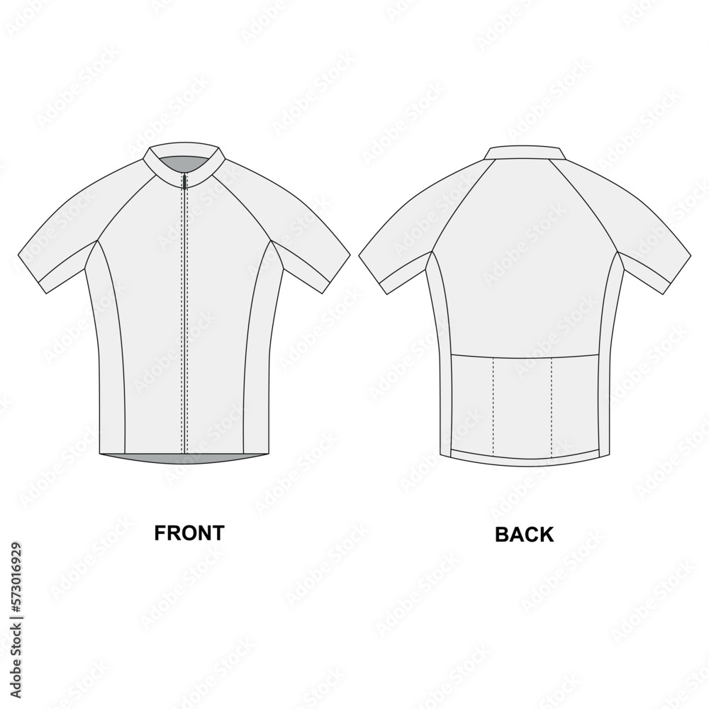Outline technical drawing of a cycling jersey front and back view