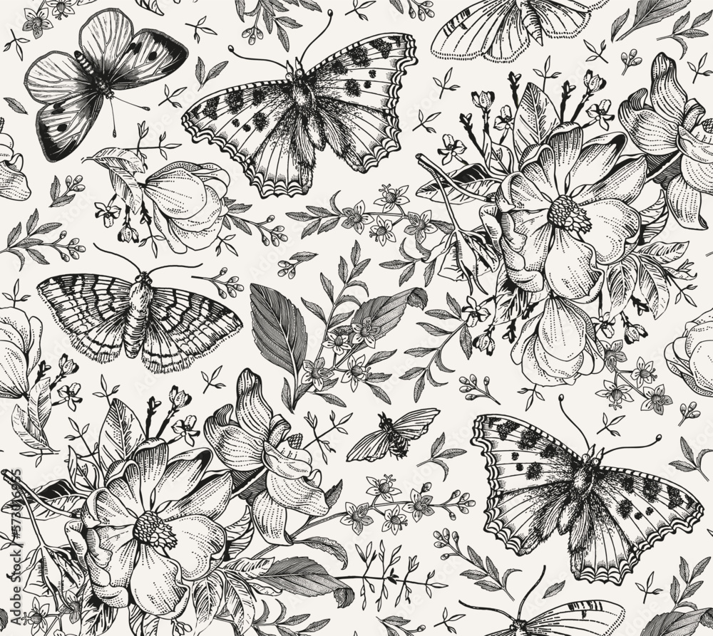 custom made wallpaper toronto digitalSeamless pattern Flowers. Butterflies moths insect fly Blooming Dogrose Rosehip wild rose realistic isolated Vintage fabric background Set Wildflowers. Drawing engraving Vector victorian Illustration