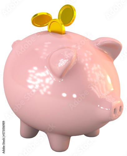 Piggy bank with floating coin. Finance saving money. 3d render photo