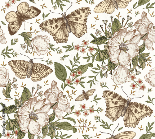 Seamless pattern Flowers. Butterflies moths insect fly Blooming Dogrose Rosehip wild rose realistic isolated Vintage fabric background Set Wildflowers. Drawing engraving Vector victorian Illustration 