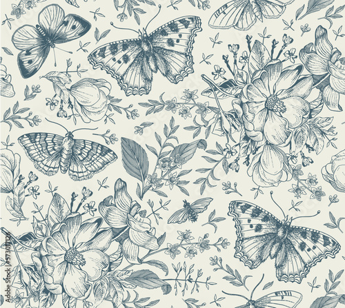 Seamless pattern Flowers. Butterflies moths insect fly Blooming Dogrose Rosehip wild rose realistic isolated Vintage fabric background Set Wildflowers. Drawing engraving Vector victorian Illustration 