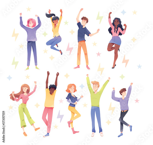 Happy People Characters Rejoicing and Cheering Vector Set