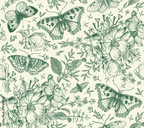 Seamless pattern Flowers. Butterflies moths insect fly Blooming Dogrose Rosehip wild rose realistic isolated Vintage fabric background Set Wildflowers. Drawing engraving Vector victorian Illustration 