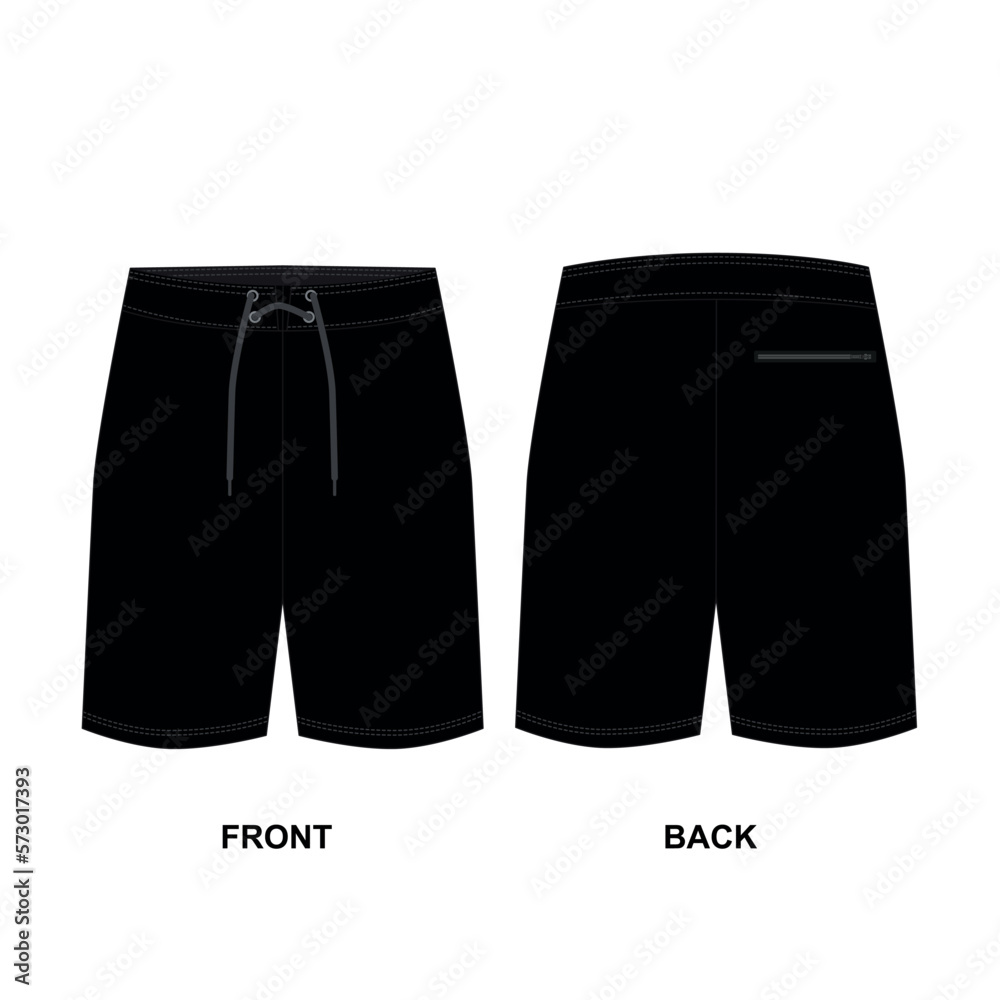 Vector drawing of black sports shorts. Black men's swimming trunks front and back view. Template of trendy sports shorts above the knee for swimming, running, basketball, boxing, etc. Vector drawing of black sports shorts. Black men's swimming trunks front and back view. Template of trendy sports shorts above the knee for swimming, running, basketball, boxing, etc.