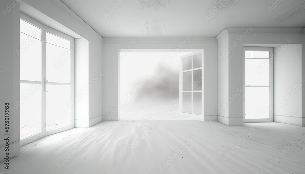 Fototapeta premium An empty white minimalist room interior features a floor covered in sand and large windows, one of which is open to a foggy exterior, filled with bright diffused light.