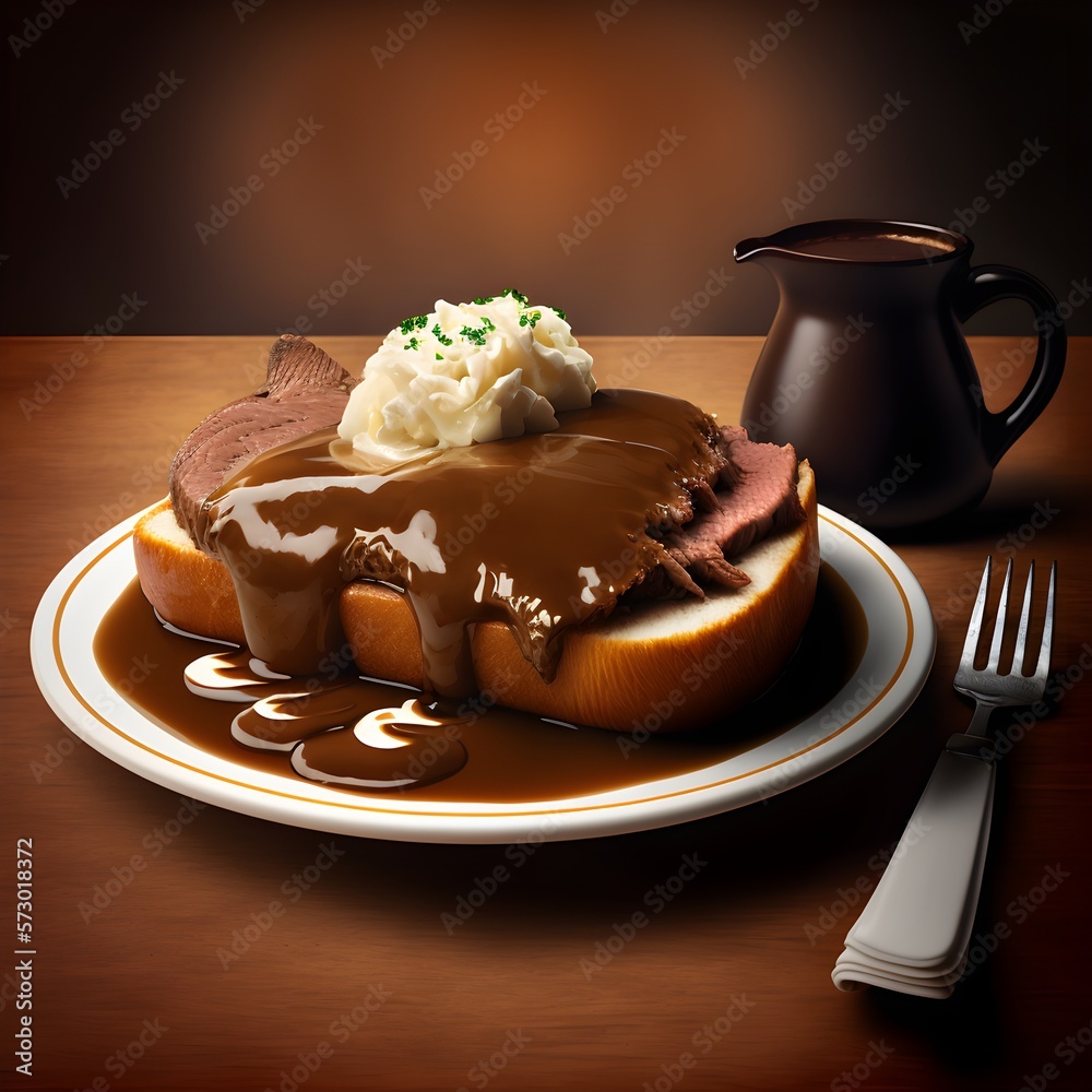 open faced sliced roast beef sandwich and a side of mashed potatoes