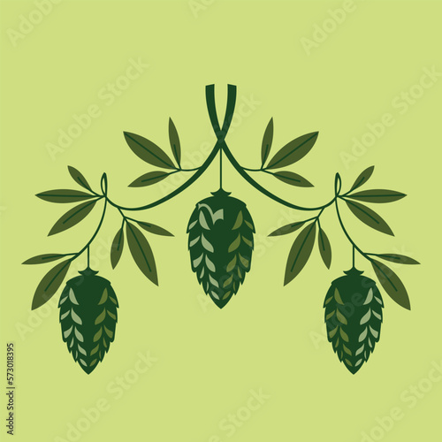 Hops plant and hop leaves isolated on green background