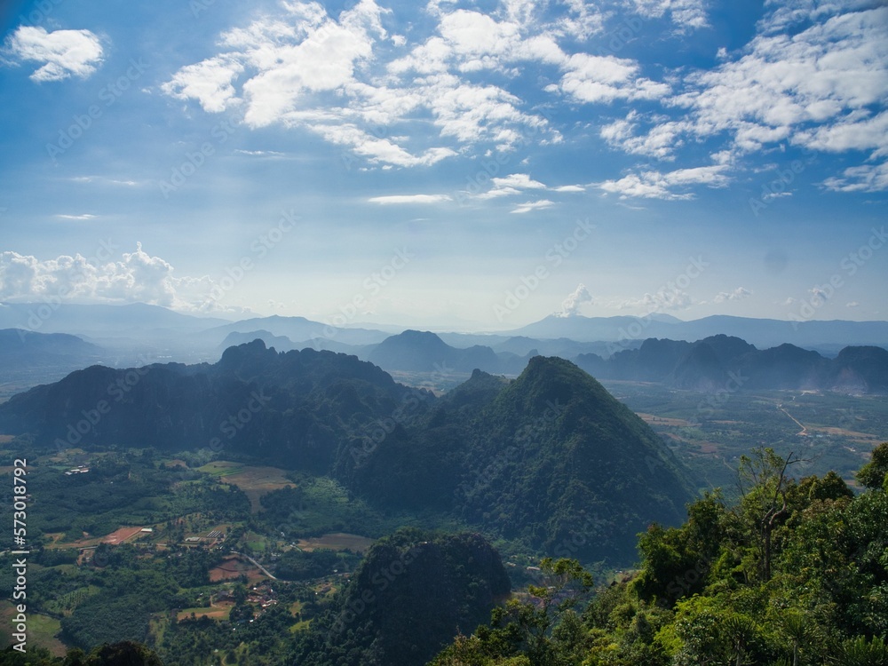 Naklejka premium Mountain at Vang Vieng Laos. Amazing tourist top spot, Hike through forest and mountain. High quality photo