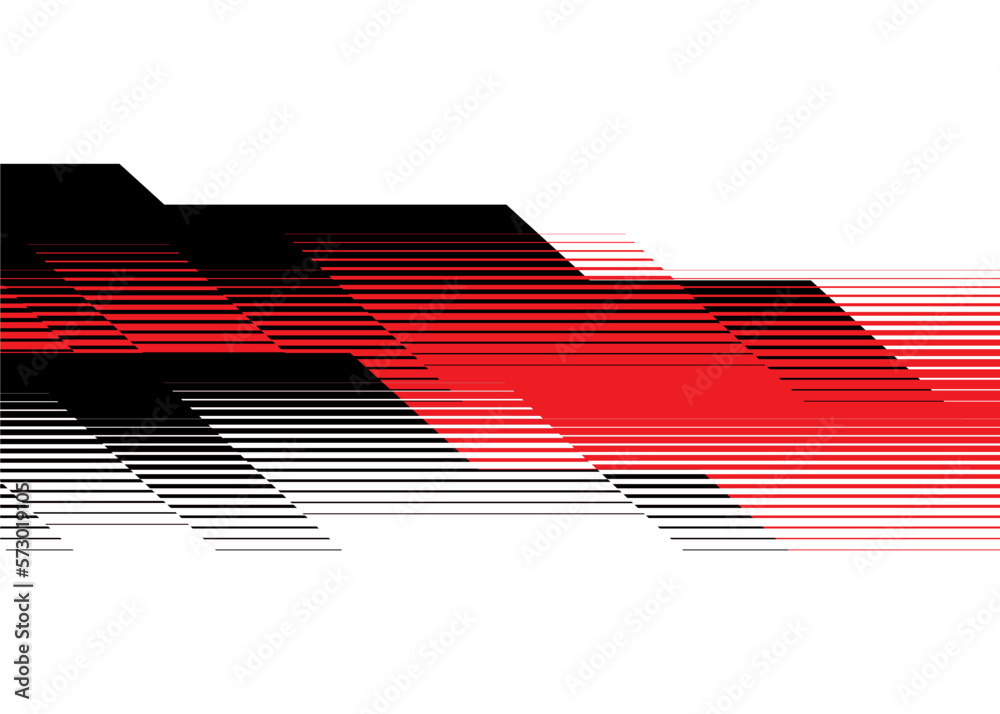 Abstract vector pattern of black and red broken shapes on a white background. For wall decor, interior, wallpaper, furniture, web design, printing, packaging, advertising. Modern striped vector backg