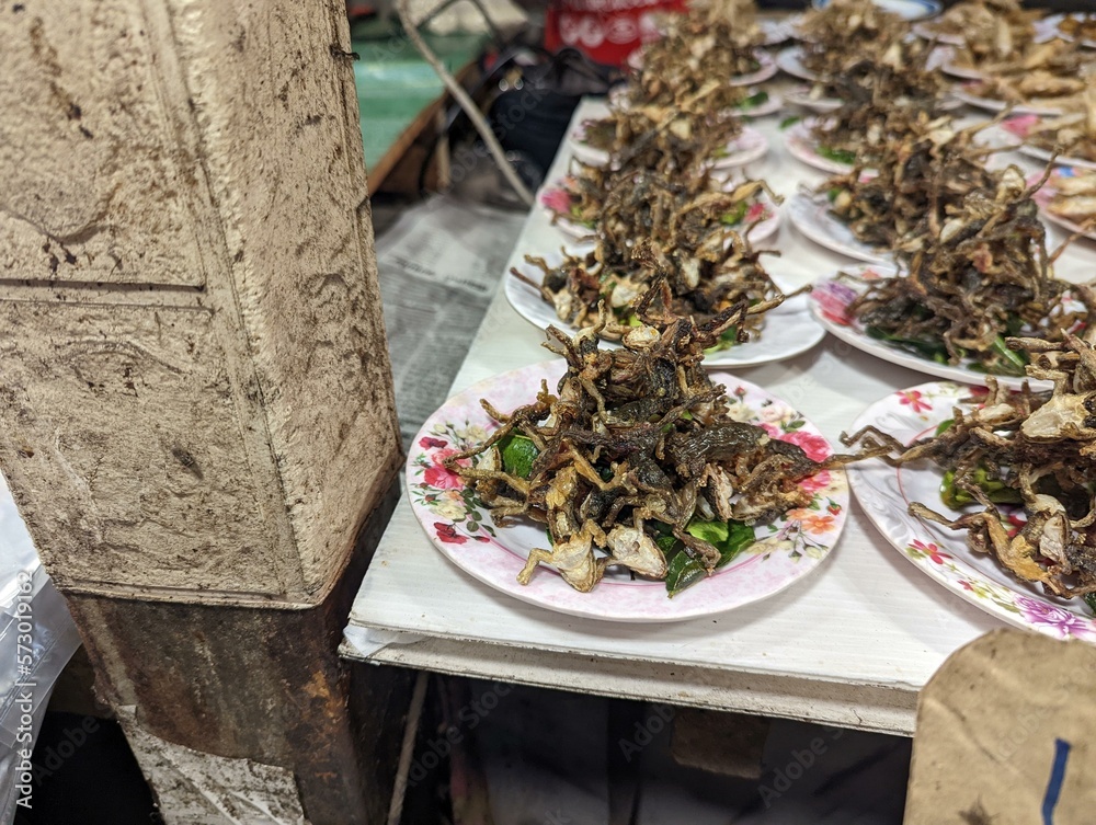 Chicken, Food and Insect, ready to eat at local Market in Vientiane laos. Local food, delicious