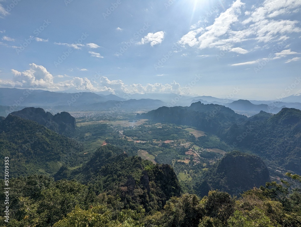 Mountain at Vang Vieng Laos. Nature Sky Cloud Sun. Amazing tourist top spot, Hike through forest and mountain
