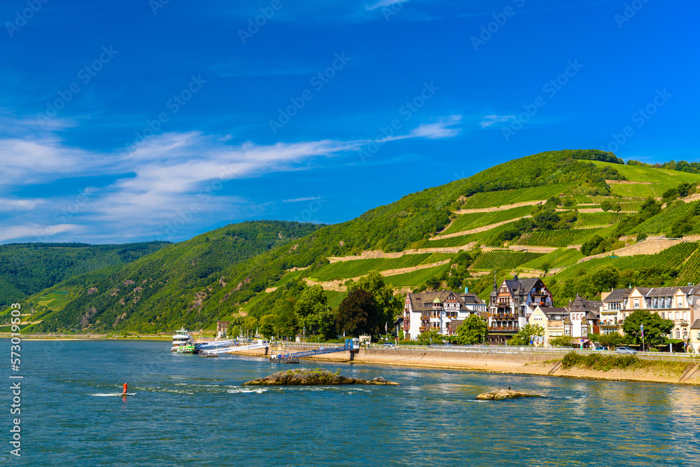 Obraz premium Berth for ships in Ruedesheim Assmannshausen, Rudesheim am Rhein Rhine, Rheingau-Taunus-Kreis, Darmstadt, Hessen, Germany
