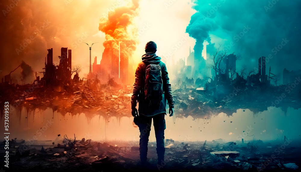 Post-apocalyptic world, a person against the backdrop of a destroyed city