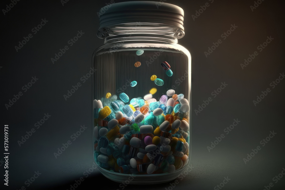Glass jar with flying pills. AI generative. Glass jar with flying pills. AI generative.
