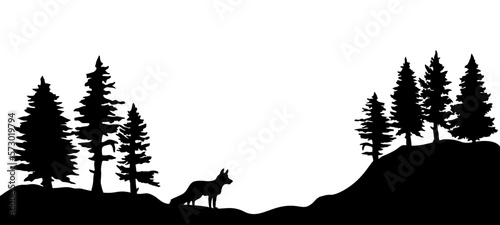 Black silhouette of wild fox and forest fir trees camping wildlife adventure landscape panorama illustration icon vector for logo, isolated on white background
