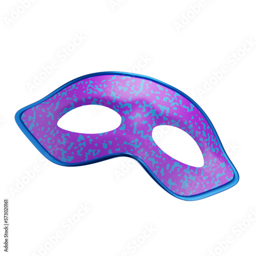 maschera di carnevale viola con pattern blu fitto, con contorno azzurro metallizzato, festa in maschera su sfondo trasparente