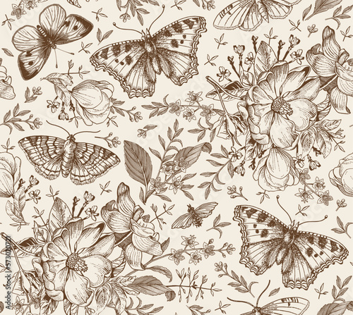 Wallpaper Mural Seamless pattern Flowers. Butterflies moths insect fly Blooming Dogrose Rosehip wild rose realistic isolated Vintage fabric background Set Wildflowers. Drawing engraving Vector victorian Illustration Torontodigital.ca
