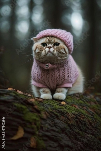 Fluffy cat in a pink sweater in the woods