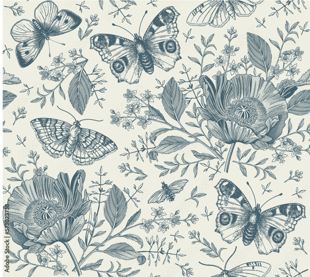 Fototapeta premium Seamless pattern Flowers. Butterflies peacock moths insect fly. Set Blooming Poppy Poppies realistic isolated. Vintage fabric background. Wallpaper. Drawing engraving. Vector victorian Illustration