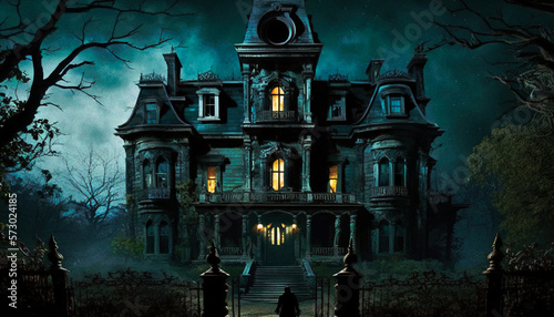 Exterior view of a scary haunted manor by night - genrative ai