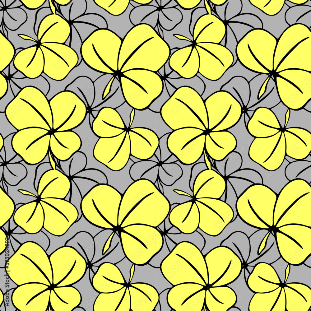 seamless asymmetric pattern of clover leaves in yellow-gray tones and black contouros, design, texture