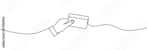 Hand holding credit card continuous line drawing.Hand with bank credit card one line drawing. Vector illustration