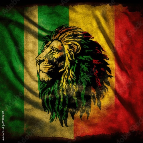 Lion face on African flag. Concept for reggae music, legalization and marijuana. Generative AI. photo