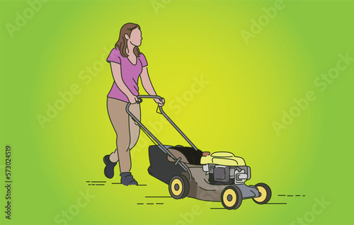 Vector graphic of woman cutting grass with a push mower