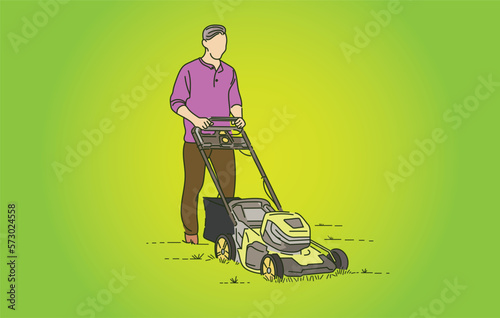 Vector graphic of man cutting grass with a push mower
