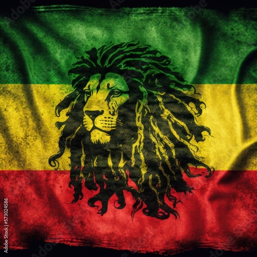 Lion face on African flag. Concept for reggae music, legalization and marijuana. Generative AI. photo