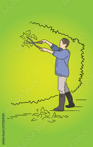 Vector graphic of young woman trimming hedges