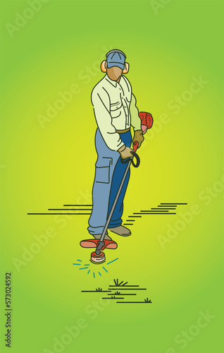 Vector graphic of a man using a sting trimmer to clean up lawn
