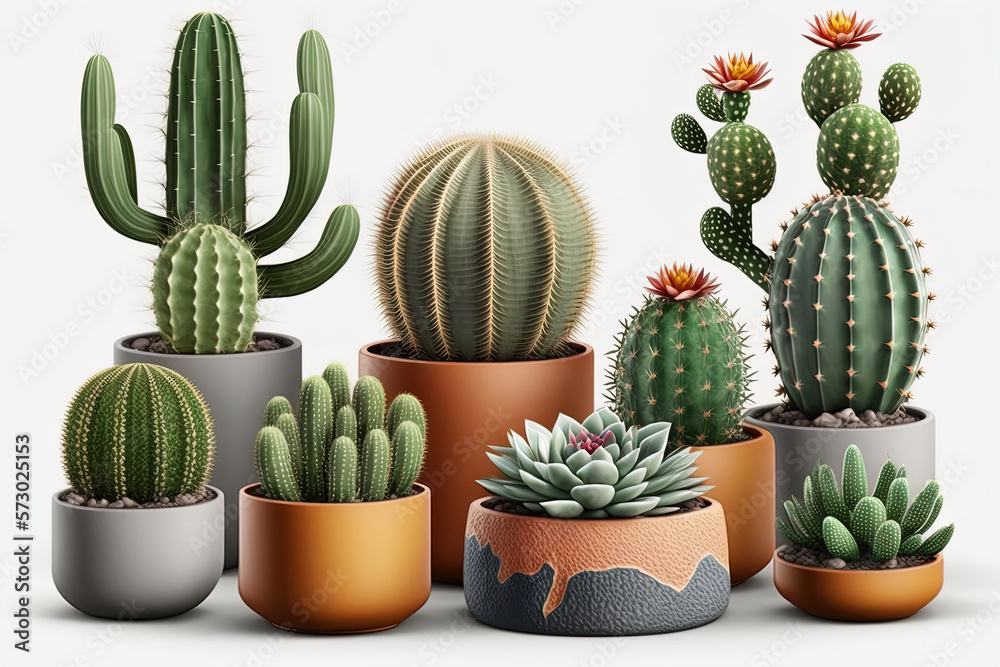 Set of cactus plants in pot on isolated white background. Set of cactus plants in pot on isolated white background.